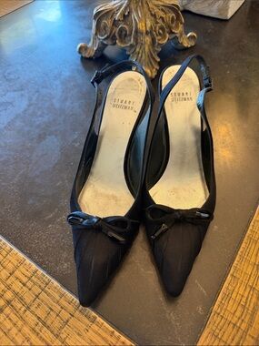 Stuart Weitzman Black Pointed Slingback Heels with Bow